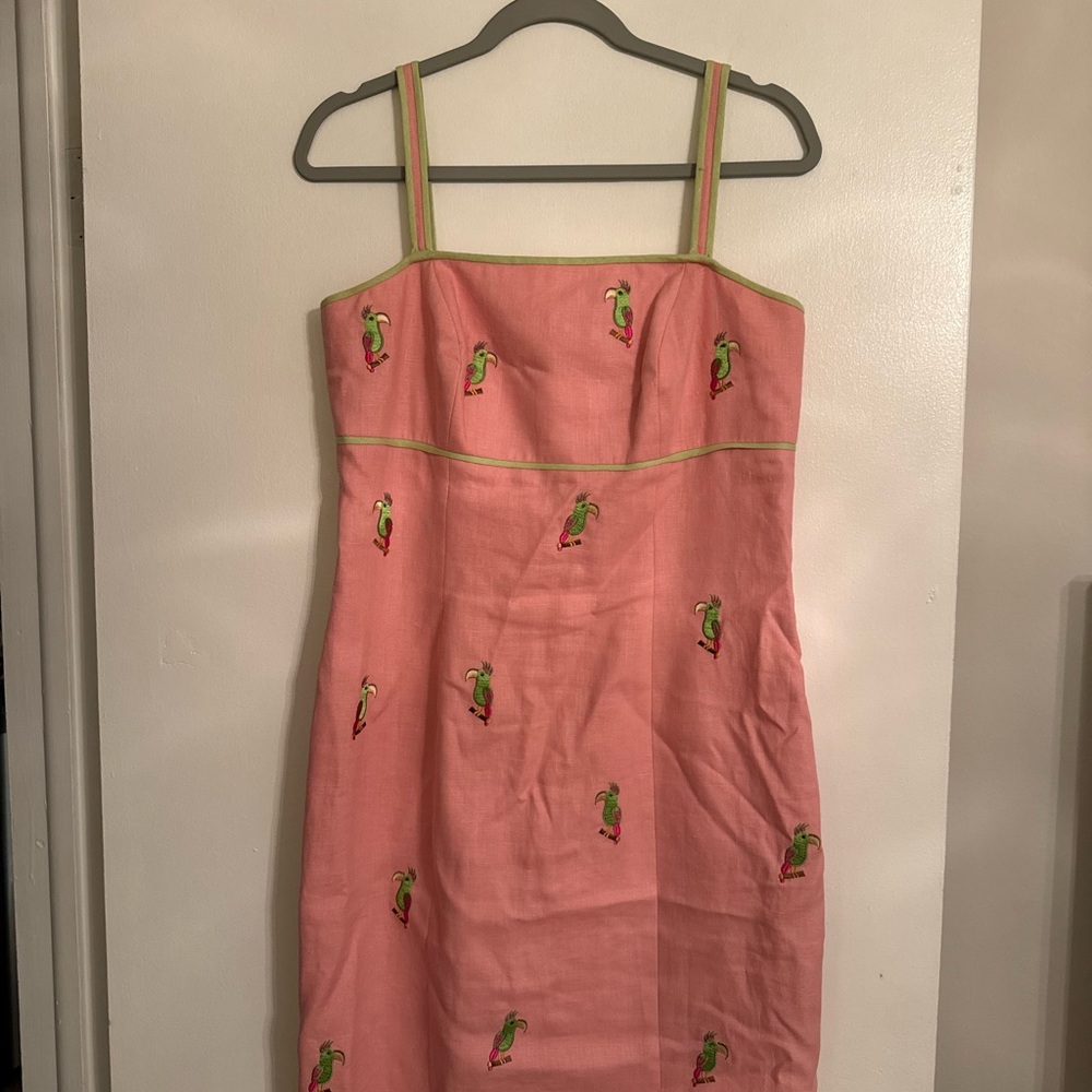 Jade Pink Parrot-Embroidered Midi Dress with Green Trim